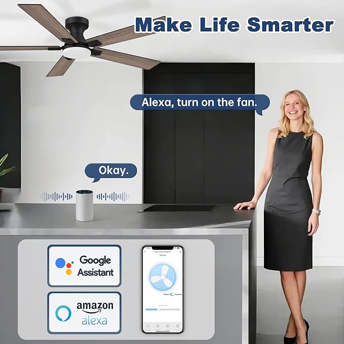 cumilo 52 inch Smart Low Profile Ceiling Fan with Lights Remote,Control via Alexa APP WIFI,Quite DC Motor,Dimmable LED,Flush Mount Outdoor Indoor Ceiling Fans for Bedroom Patio Porch,Black&Walnut