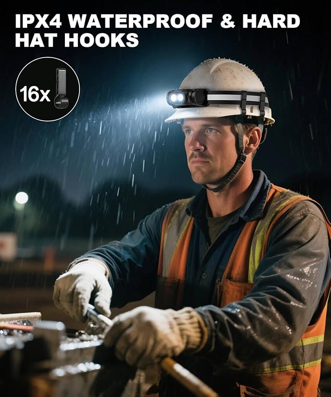 Rechargeable Running Headlamp, 1500 Lumens Bright Head Lamp Led with Motion Sensor, 4 Modes, Magnet, Detachable Flashlight & Headband for Adult, Outdoor, Emergency, Hard Hat Light 4PC