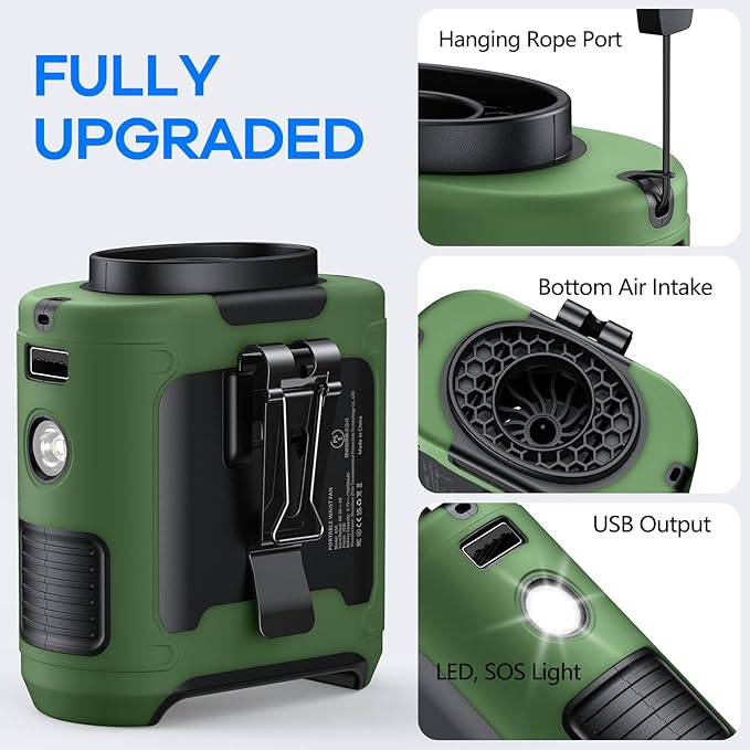 AI Portable Waist Clip Fan, Upgraded 10000mAh Rechargeable Battery Wearable Belt Personal Fan, 16000RPM Powerful 5 Speeds Shirt with Flashlight Neck Hands-Free 40H Cooling (Green)