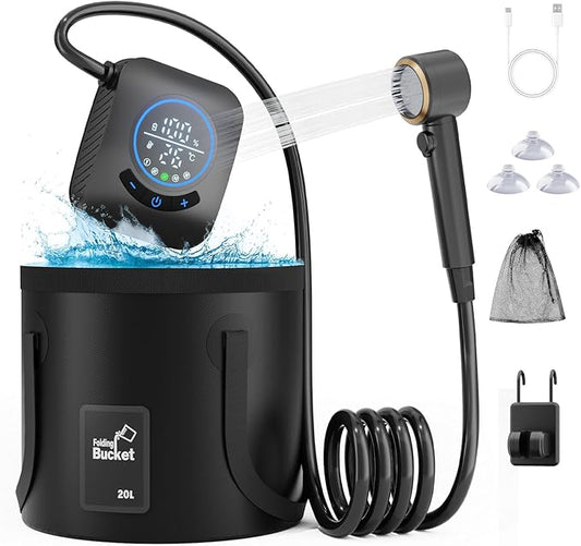 GOSCHE Portable Camping Shower, 8000mAh Rechargeable Outdoor Shower Pump with 20L Collapsible Bucket, Intelligent LED Display, IPX8 Waterproof Pump for RV, Travel, Hiking, Pet Bath, Beach