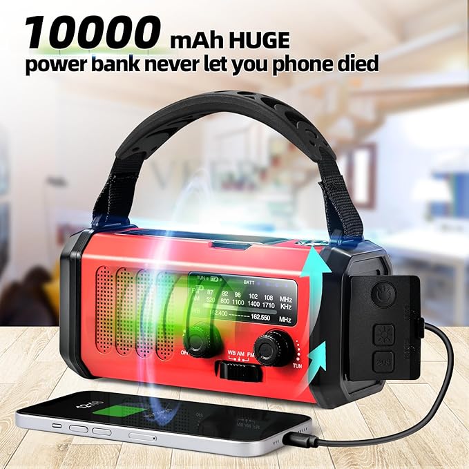 Emergency Weather Radio,37000mWh Portable NOAA/AM/FM Crank Radio, Reading Light, Solar Radio, SOS Emergency Flashlight, Multiple Power Sources,for Hurricanes and Emergencies