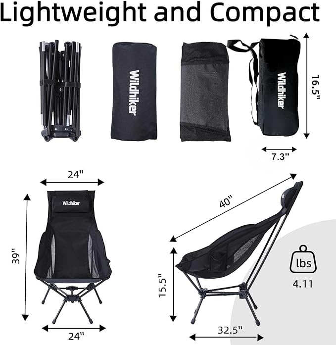 Wildhiker Portable Compact Folding Camping Chairs – Lightweight High Back with Pillow, Deep Recline, ArmPads, Side Pockets-for Motorcycle, RV, Backpacking,Travel，Festival – Black