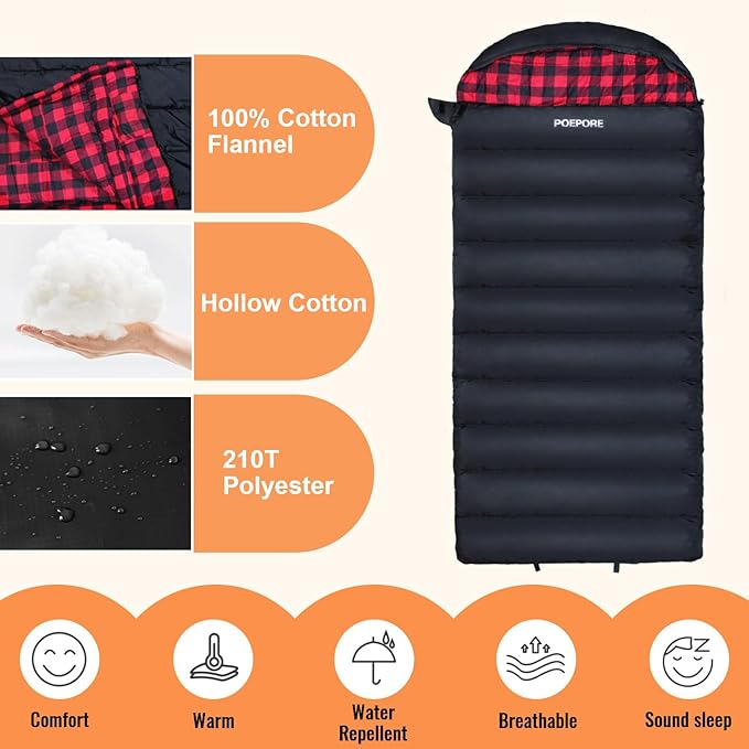 0 Degree Sleeping Bag 100% Cotton Flannel XXL Cold Weather Winter Oversized Sleeping Bag for Adults Camping Zero Degree Big and Tall with Compression Sack