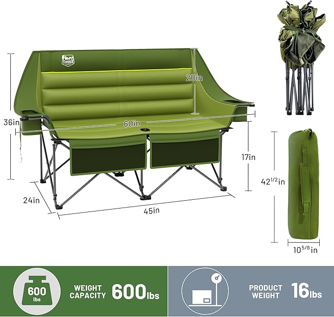 Timber Ridge Double Camping Chair, Heavy Duty Outdoor Folding Camp Couch, Loveseat Camping Chairs Perfect for Campsites, Patio/Lawn, Soccer Games or Other Youth Sports, Supports 600 lbs