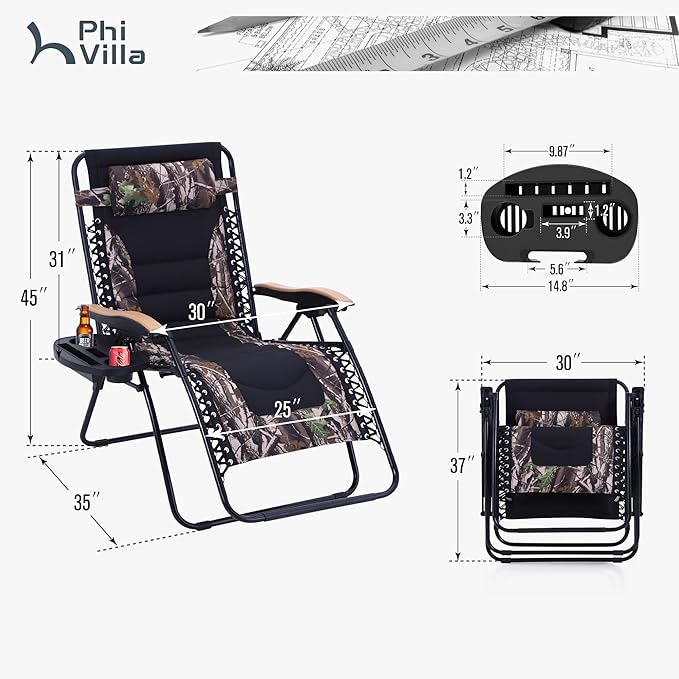 PHI VILLA XXL Oversized Padded Zero Gravity Chair, Foldable Patio Recliner, 30" Wide Seat Anti Gravity Lounger with Cup Holder, Support 400 LBS (Camouflage)
