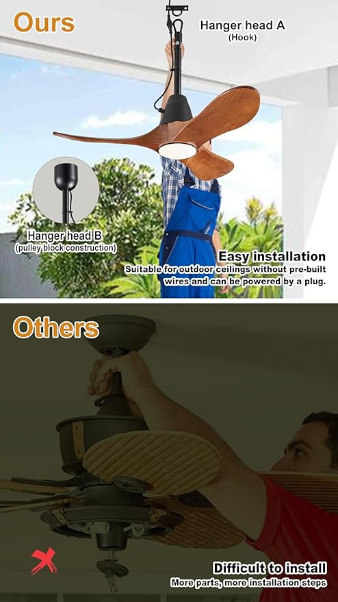 3 Blades Wood Outdoor Ceiling Fan with Light for Patios, Farmhouse Rustic Ceiling Fans with Lights, 34" Plug-in Wet Rated Outdoor Gazebo Fan for Exterior House Porch Patio, Waterproof,F247