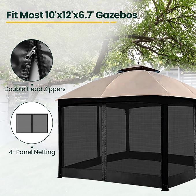 Gazebo Universal Replacement Mosquito Netting, 10' x 12' Outdoor Canopy Net Screen 4-Panel Sidewall Curtain, with Zippers, Easy to Install, Fit for Most Gazebo 10x12 Canopy, Black