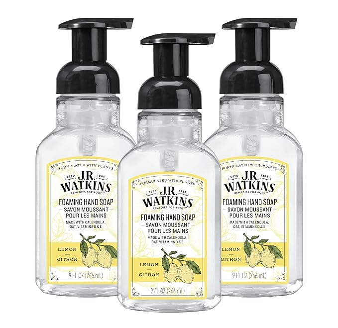 J.R. Watkins Foaming Hand Soap with Pump Dispenser, Moisturizing Foam Hand Wash, All Natural, Alcohol-Free, Cruelty-Free, USA Made, Lemon, 9 fl oz, 3 Pack