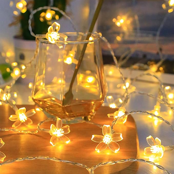 Decorative Flower String Lights for Bedroom, Battery Operated & USB Plug in 10 FT 30 LED Cute Fairy Cherry Blossom Floral Lamps Indoor Outdoor Christmas Holiday Hanging Vine Decorations (Warm White)