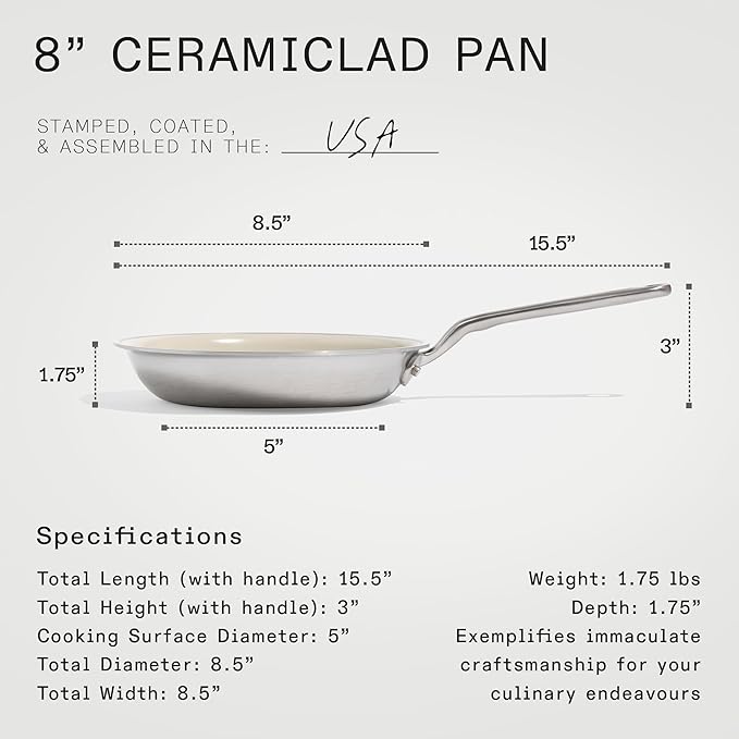 Made In Cookware - 8" Ceramic Non Stick Frying Pan (Stainless Handle) - 5-Ply Stainless Clad with Stay-Cool Handle - Professional Cookware - Induction Compatible