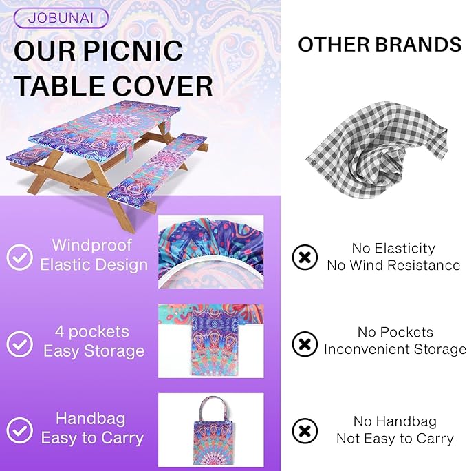 8Ft Fitted Elastic Picnic Table Cover with Bench Covers Vinyl Reusable Boho Large Waterproof Stain Resistant Camping Tablecloths Holiday Festival Decor for Camp Outdoors Parties Trips Garden
