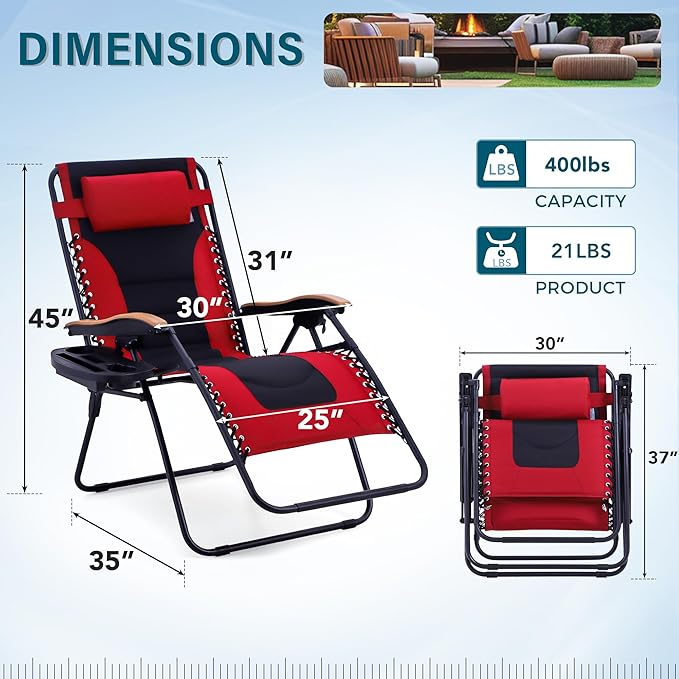 MFSTUDIO Zero Gravity Chairs Set of 2, XL Oversized Outdoor Anti Gravity Chair, Patio Lounge Folding Adjustable Chair with Cup Holder & Padded Headrest, Support 400lbs,Red