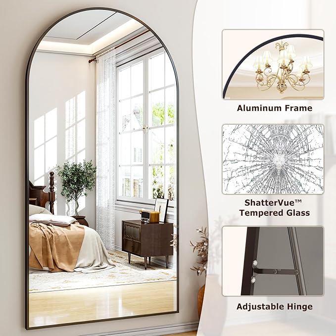 Oversized Full-Body Mirror, 77" x 38" Arched Full-Length Mirror, Black Metal Frame, Floor Mirror for Bedroom, Living/Dressing Room, Gym - Stand/Wall Mounted/Leaning