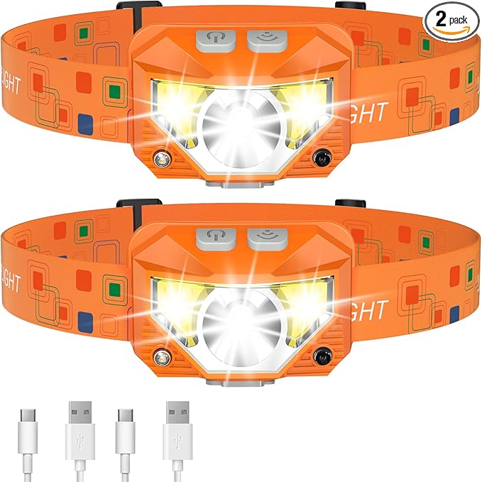 LHKNL Headlamp Flashlight, Lumen Ultra-Light Bright LED Rechargeable Headlight with White Red Light,2-Pack Waterproof Motion Sensor Head Lamp,8 Mode for Outdoor Camping Running Fishing- Orange