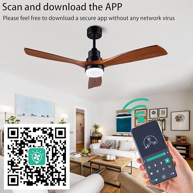 52" ceiling fans with light, solid wood ceiling fan with remote control and DC motor, LED dimming with memory function, 3 blades, suitable for living rooms, bedrooms, and dining rooms - black + walnut