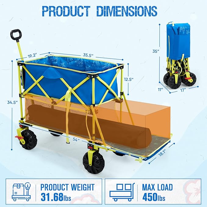 400L Collapsible Double Decker Beach Wagon with Brakes, Folding Beach Cart with 54" Extra Long Decker, 450LBS Heavy Duty Wagon Chart with All-Terrain Big Wheels for Sand Camping Garden