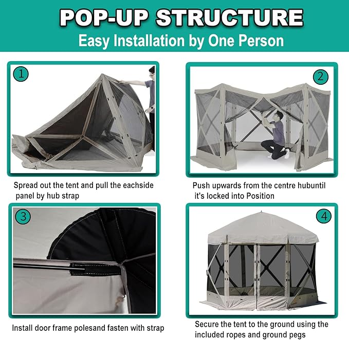 Pop Up Screen Tent, 10'x10' Windproof & UV Protection Sun Shelter, Portable Instant Setup, 6-Sided Screen Tent for Picnic, Camping, Backyard, Outdoor (Grey)