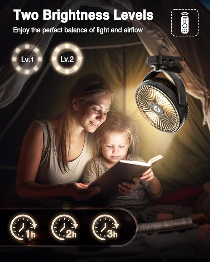 FRIZCOL 12000mAh 8 Inch Portable Clip On Fan Rechargeable, Battery Operated Desk Fan, Camping Fans with lights and Remote, USB Fans Sturdy Clamp for Golf Cart Desk Office Stroller Bedroom Tent