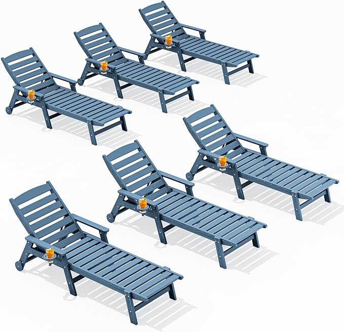 SERWALL Patio Chaise Lounge Chair Set of 6, 5 Positions Adjustable Poly Outdoor Lounge Chair for Pool, HDPE Lounge Chair with Rolling Wheels & Cup Holder for Poolside, Deck, Blue
