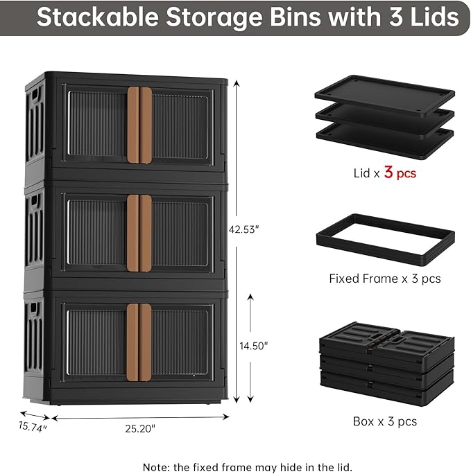 HAIXIN Storage Bins with 3 Lids - 19 Gal Stackable Organizer Box with Dual Opening Door Collapsible Closet Organization Plastic Black Storage Cabinet for Garage Laundry Room Camping, 3 Pack