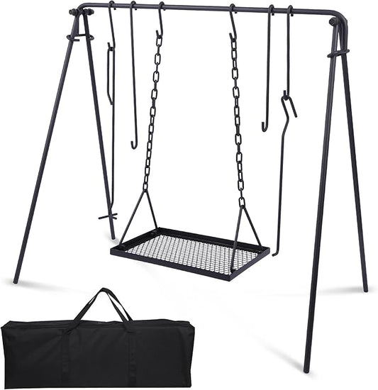 Lineslife Grill Swing Hanging Campfire Cooking Stand with Adjustable Iron Grill Grate, Collapsible Campfire Cooking Rack with Hooks and Accessories for BBQ Picnic, Outdoor Camping Cookware, Dutch Oven
