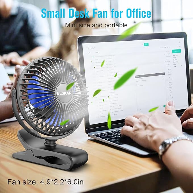 BESKAR Portable Clip on Fan Rechargeable, 4 Speeds Small Battery Operated Fans, USB Desk Fan with Strong Airflow, Sturdy Clamp Fans for Golf Cart Office Outdoor Travel Camping