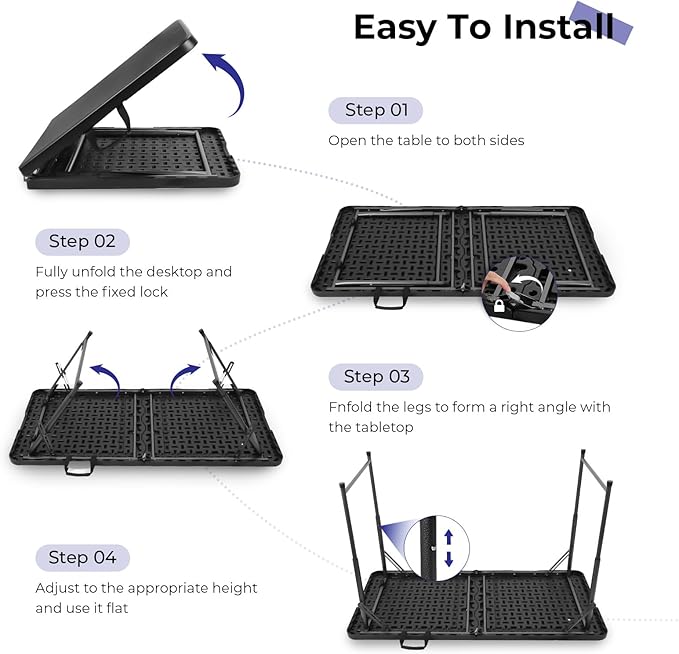 Folding Table 4 Foot Portable Heavy Duty Plastic Fold-in-Half Utility Table Small Indoor Outdoor Adjustable Height Folding with Carrying Handle, Camping and Party, Black