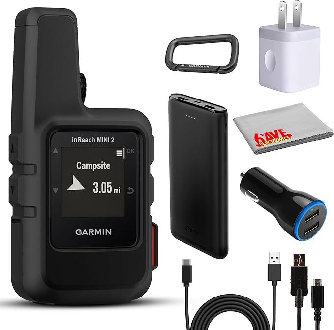 Garmin inReach Mini 2 Satellite Communicator, Lightweight Compact Rugged Design, Portable Handheld GPS for Hiking, Text Messaging Device Bundle with Accessories (Black)