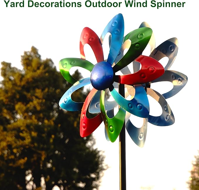 Garden Wind Spinners, Dual-Sided Colorful Metal Windmill 13" Dia*55" Height Wind Sculptures & Spinners, Vibrant Outdoor Kinetic Art for Yard, Garden, Driveway Decor
