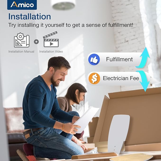 Amico Ceiling Fans with Lights, 36 inch Ceiling Fan with Light and Remote Control, Reversible, 3CCT, Dimmable, Noiseless, Small White Ceiling Fan for Bedroom, Indoor/Outdoor Use