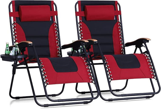 PHI VILLA XXL Oversized Padded Zero Gravity Chair, Foldable Patio Recliner, 30" Wide Seat Anti Gravity Lounger with Cup Holder, Set of 2, Support 400 LBS (Red)