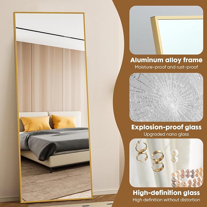 Full Length Floor Mirror, 71'' x 26'' With Aluminum Alloy Thin Frame - Hanging or Leaning for Wall, Bedroom, Dressing - Home Decor, Gold