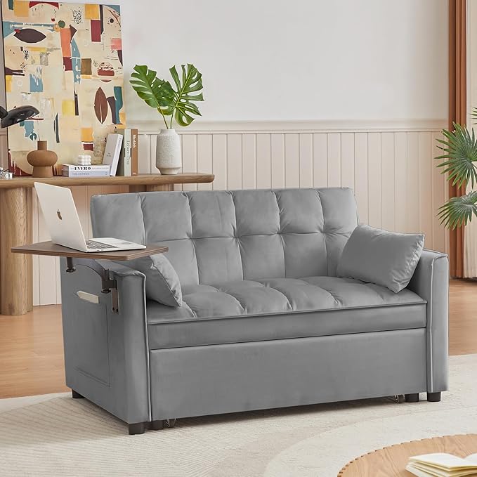53.14" Convertible Sleeper Sofa Bed with Swivel Table, Adjustable Backrest & Side Pocket, Pull-Out Velvet Loveseat Futon for Small Spaces, Easy Assembly, 3-in-1 Couch Bed for Living Room