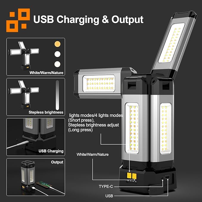 Upgraded Aluminum13200mAh Rechargeable Work Light with Folding Stand and Carrying Bag, 8000 Lumen Cordless Camping Light, White/Warm/Nature White with Detachable Tripod (Standard)