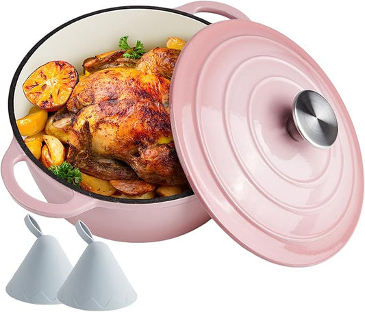 4.5 Quart Dutch Oven Enameled Cast Iron with Lid - Big Dual Handles - Oven Safe up to 500°F - Classic Round Pot for Versatile Cooking Pink