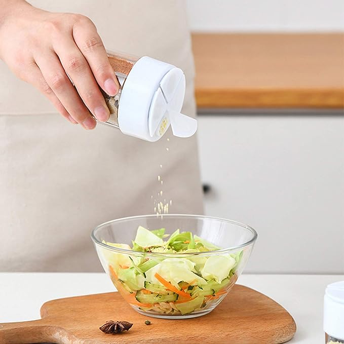 4-Pack 4 in 1 Salt and Pepper Shaker Jars Bottles, 4-Grid Flip Lid Spice Jars - Cylindrical Empty Plastic Seasoning Containers with Transparent Body for Travel Camping BBQ Kitchen Cooking (White)