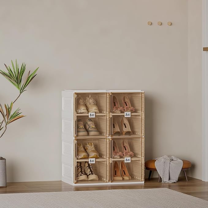 ANTBOX Shoe Organizer Storage Box, Portable Folding Shoe Rack For Closet With Magnetic Clear Door,Large Sneaker Cabinet Bins All-in-one Sturdy Easy Assembly 4 Layers-8 Grids