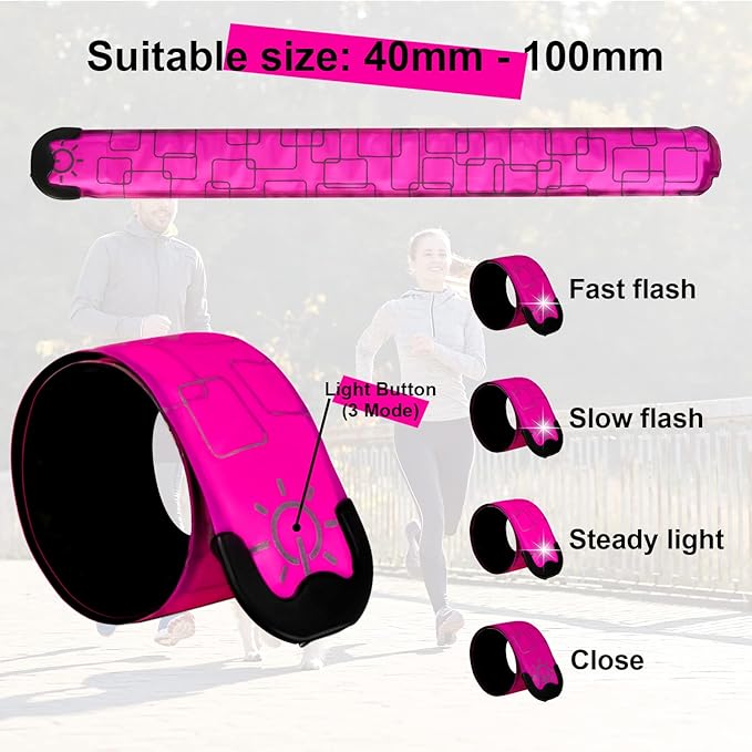 LED Safety Wristband Lights - Rechargeable Light Up Arm Ankle Band Kids Magic Slap Glow Bracelets Reflective Belt High Visibility for Night Cycling Walking Joggers Running Gear