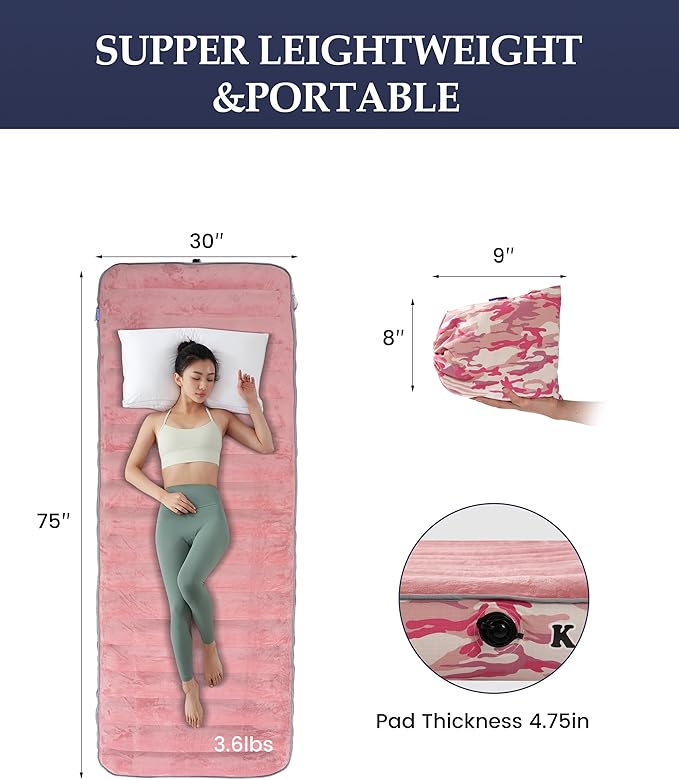 Inflatable Sleeping Pad for Camping, Extra-Thick 4.75" Single Air Mattress with Soft Velvet Top, Machine Washable, Family Lightweight 4-Season Pad for Traveling & Hiking, Pink