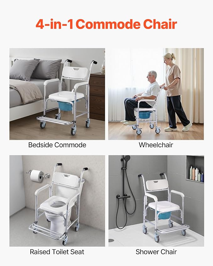 VEVOR Bedside Commode Chair with Wheels, 350 lbs Capacity, 4-in-1 Portable Toilet and Raised Toilet Seat with Padded Seat/Backrest/Flip-up Footrest, Detachable 5L Bucket, Shower Wheelchair for Seniors