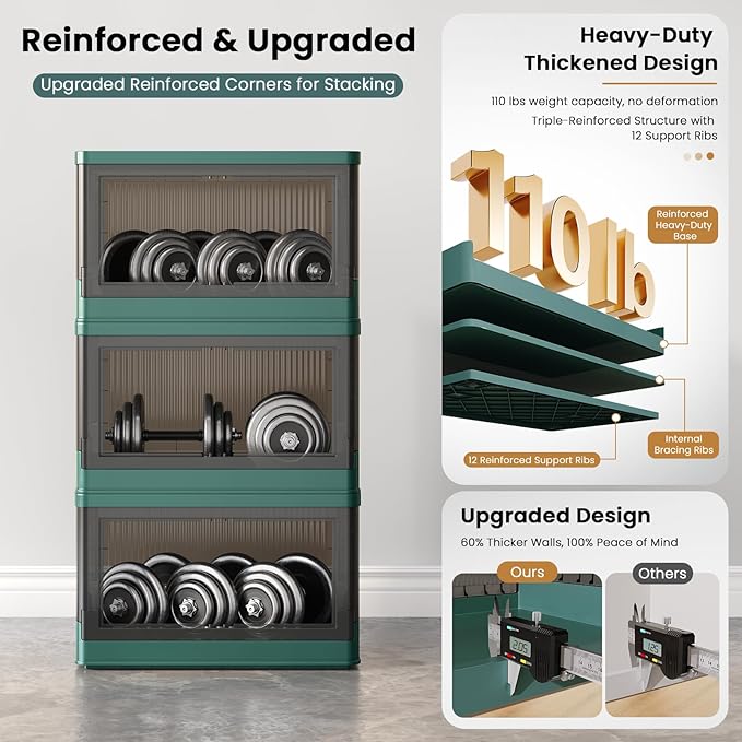 8.4Gal Collapsible Storage Bins with Lids & Wheels - 3 Pack Stackable with Doors, Heavy-Duty Plastic Containers for Home/Office, Green