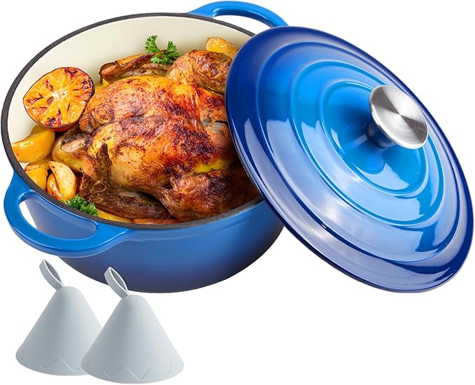 4.5 Quart Dutch Oven Enameled Cast Iron with Lid - Big Dual Handles - Oven Safe up to 500°F - Classic Round Pot for Versatile Cooking Blue