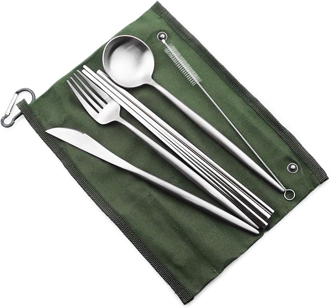 Gugrida Reusable Travel Utensils, 7 Pieces Portable 18/10 Stainless Steel include Knife Fork Spoon Chopsticks Cleaning Brush Straws Portable Pouch, Eco-friendly Camping Silverware Set, Dishwasher Safe