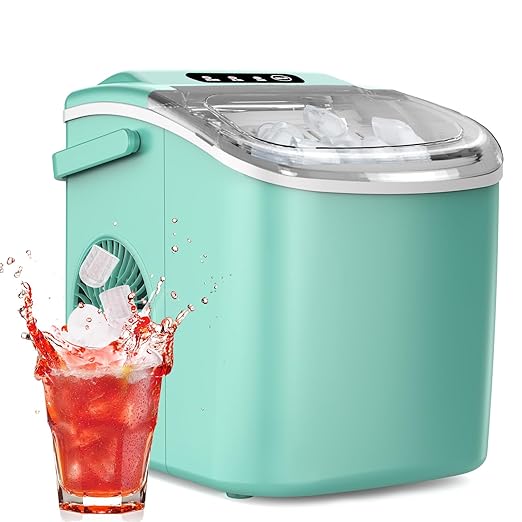 Ice Maker Countertop, Efficient Easy Carry Ice Machine, Self-Cleaning Ice Maker with Ice Scoop & Basket, 9pcs/ 8mins 26.6Lbs Per Day for Home/Office/Kitchen,Green