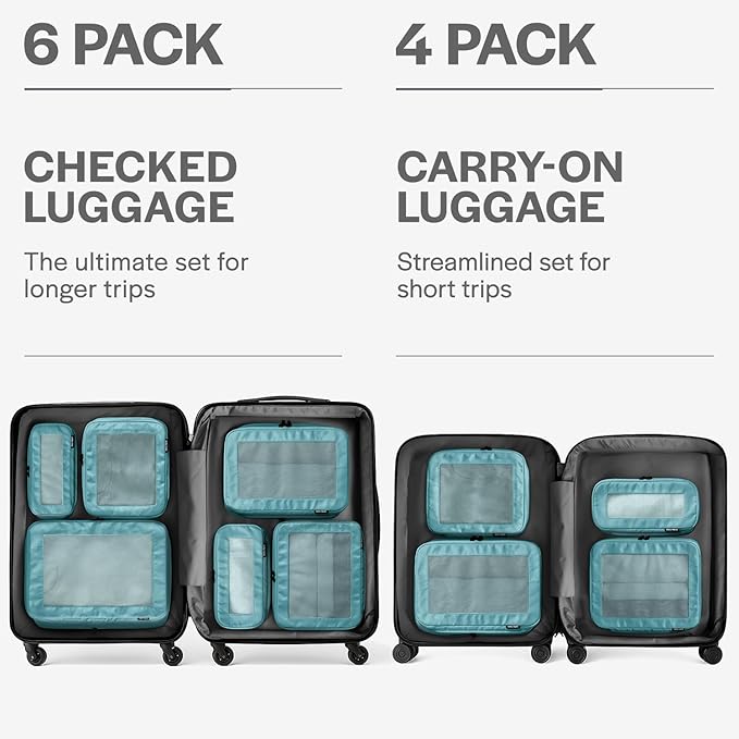 Compression Packing Cubes for Travel - Luggage Organizer Bags - Double Zipper Packing Cubes for Suitcases (6-Pack, Teal)
