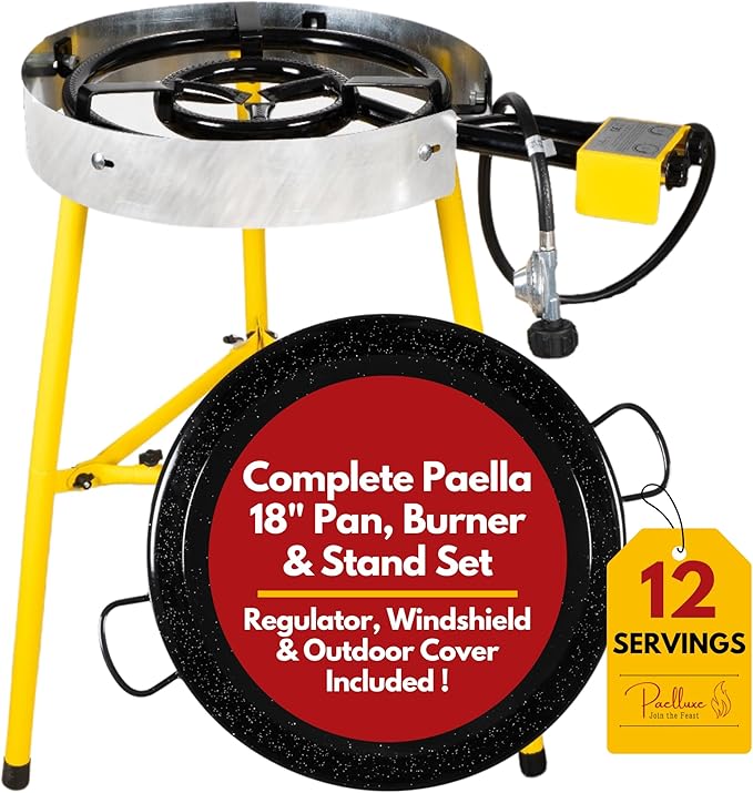 Paella Burner and Stand Set 12 Servings, 18 Inch Paella Pan, Dual Propane Outdoor Stove with Stand & Regulator, Portable Gas Cooker for Camping Crawfish Boil Cooking Outdoor, Paellera Propano