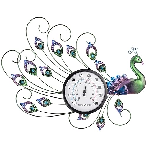 Peacock Outdoor Thermometer, Metal Outdoor Wall Thermometer No Need Battery, Indoor Outdoor Thermometer Large Wall Art Decor for Patio, Garden, Living Room
