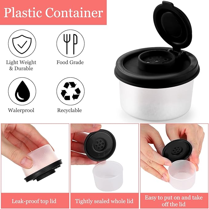 4 Pcs Salt and Pepper Shakers Set Mini Plastic Pepper Shaker with Lid Damp Proof Popcorn Containers Clear Spice Jars Salt Shaker for Travel Camping Picnic Lunch Dining Kitchen (Black, Small)