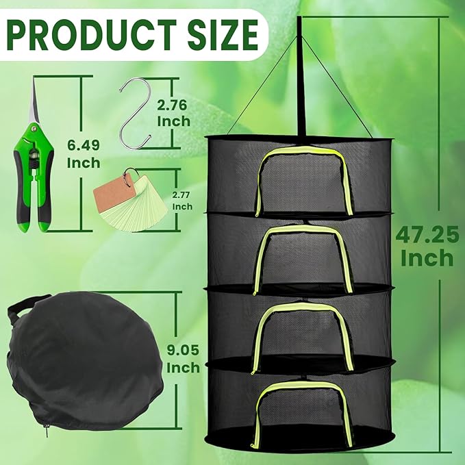 4 Layer 24" Herb Drying Rack Hanging with Garden Pruning Shears, Large Zipper, Hook & Notepad, Foldable Drying Rack for Herbs, Spices & Seasonings, Hanging Herb Dryer Indoor Outdoor