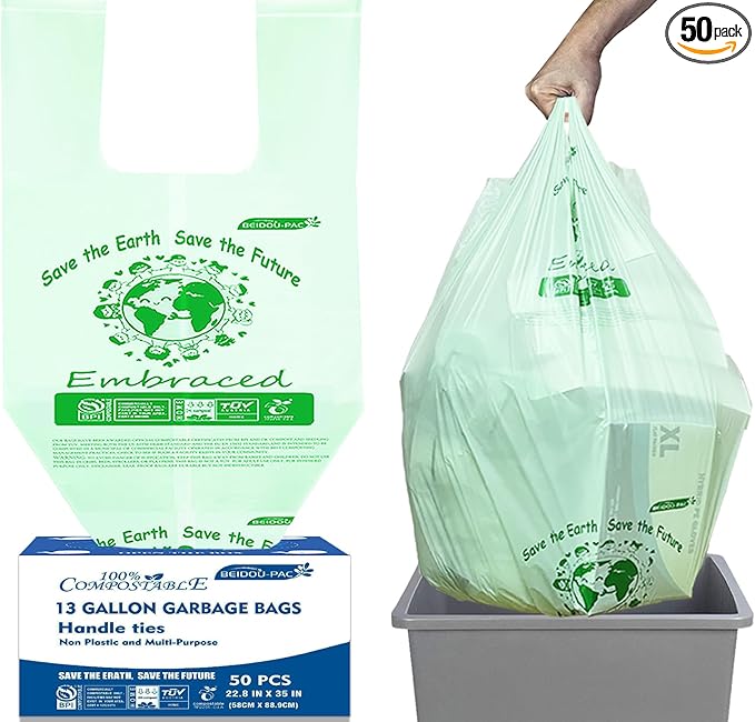 13 Gallon Compostable Tall Kitchen Trash Bags with Handle, 50 Count, Sturdy Biodegradable Garbage Bags for Food Scrap Waste, ASTM D6400, US BPI Certified